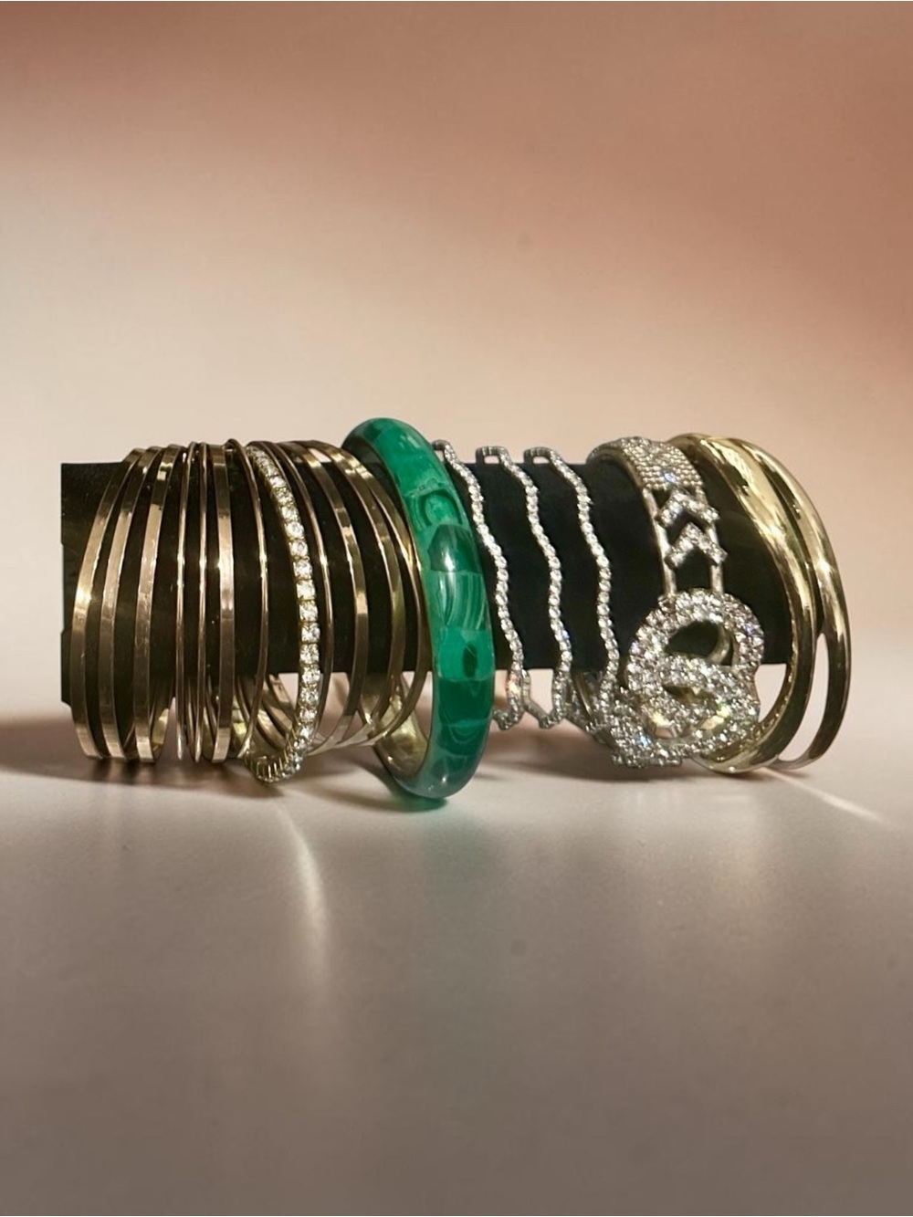 Signature Faith Mixed Gold Tone & Green Bangle Stack Crystal Accent Bracelet